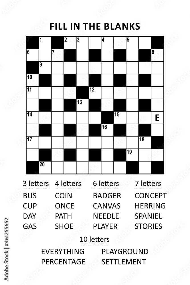Puzzle page with criss cross or fill in crossword word game (English