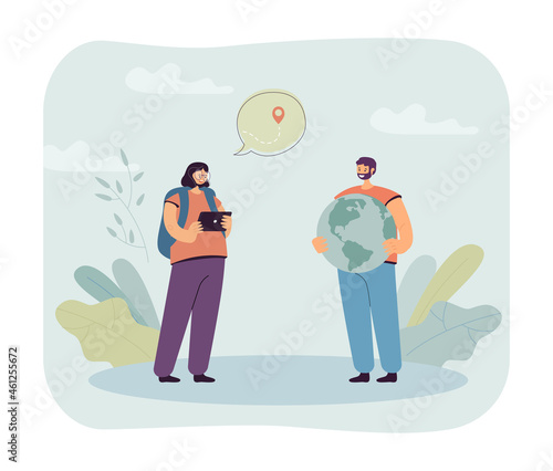 Tourists using navigation app in tablet or navigator with map. Woman and man exploring globe flat vector illustration. Travel, tourism concept concept for banner, website design or landing web page