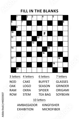 Puzzle page with criss-cross, or fill-in, crossword word game (English language). Comfortable level, large print, family friendly. Letter F as a hint.
