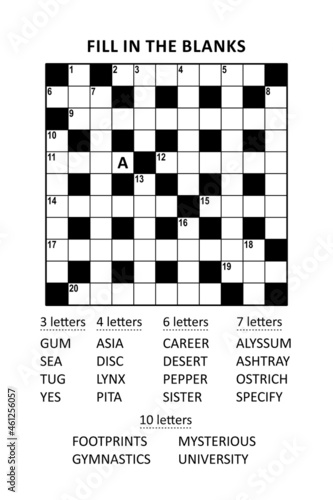 Puzzle page with criss-cross, or fill-in, crossword word game (English language). Comfortable level, large print, family friendly. Letter A as a hint.
