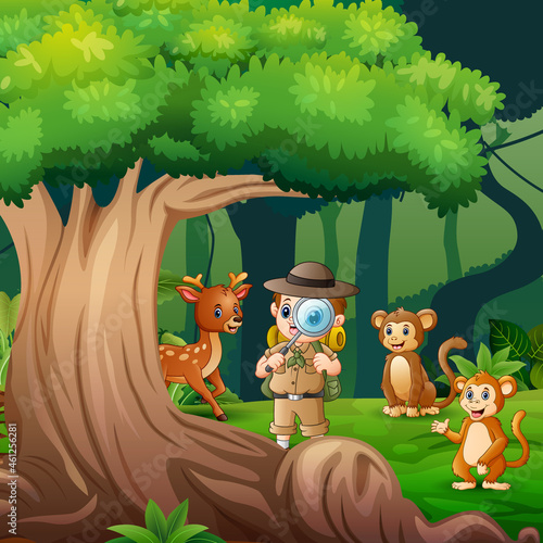 Background scene with explorer boy and animals in the jungle