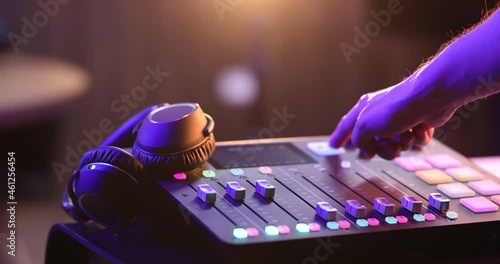 Podcast recording, audio microphone. Voice record on media studio for broadcasting sound. Podcasting mic speech or interview. Host speaker live host with headphones vocal recording