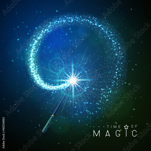 Magic wand with blue neon glowing shiny trail on abstract space background. Vector illustration