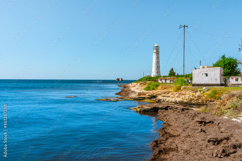 Picturesque seascape with a lighthouse on the Tarkhankut Peninsula, Crimea