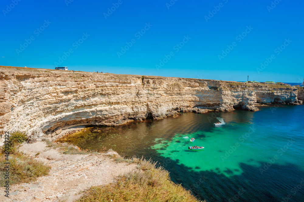 Picturesque seascape with azure water and rocks. Tarkhankut Peninsula, Crimea
