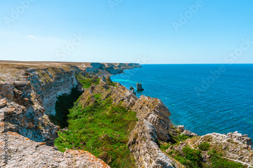 The Dzhangul landslide tract on the western coast of Crimea. Picturesque seascape with azure water