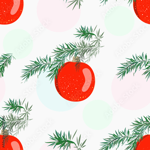 Seamless pattern with a Christmas ball and a twig of a Christmas tree.