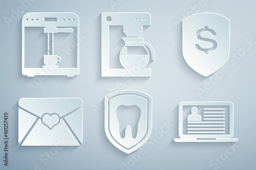 Set Dental protection, Shield and dollar, Envelope with Valentine heart, Laptop resume, Coffee machine pot and cup icon. Vector