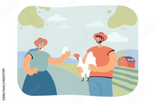 Farmers holding fresh egg and broiler chicken in hands. Eco organic poultry production flat vector illustration. Farm food  agriculture concept concept for banner  website design or landing web page