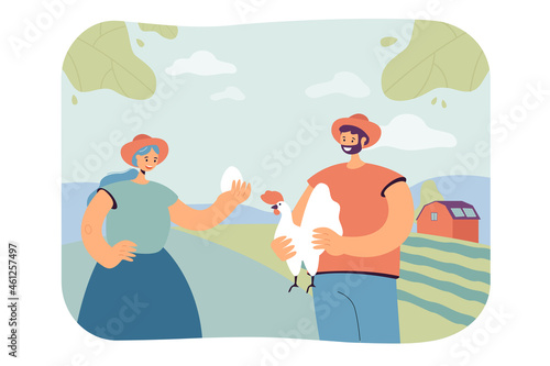 Farmers holding fresh egg and broiler chicken in hands. Eco organic poultry production flat vector illustration. Farm food, agriculture concept concept for banner, website design or landing web page