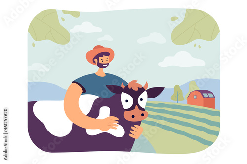 Livestock farm with male farmer and cow. Man standing with animal, working on organic milk and meat production flat vector illustration. Farming concept for banner, website design or landing web page