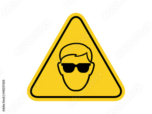 isolated requiring safety glass, common hazards symbols on yellow round triangle board warning sign for icon, label, logo or package industry etc. flat style vector design. 