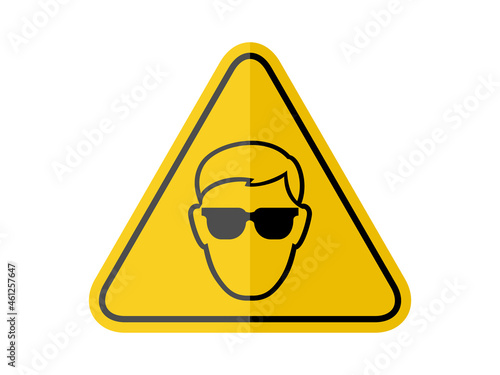 isolated requiring safety glass, common hazards symbols on yellow round triangle board warning sign for icon, label, logo or package industry etc. paperwork style vector design. 