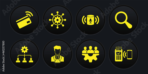 Set Lead management, Magnifying glass, Scientist and test tube, Project team base, Voice assistant and icon. Vector