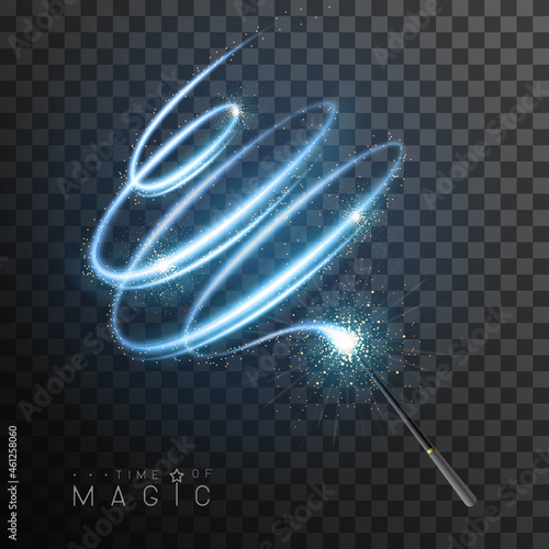 Magic wand with blue glowing shiny trail.  Isolated on black transparent background. Vector illustration