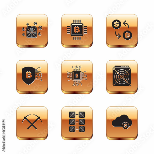 Set ASIC Miner, Crossed pickaxe, Mining farm, Processor chip with dollar, Shield bitcoin and Cryptocurrency exchange icon. Vector