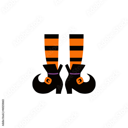 Scary witch legs. Halloween witches leg stockings and striped dress socks with broom. Vintage witchcraft cauldron and feet boots for party invitation card, cartoon vector isolated icon