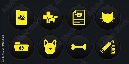 Set Medical veterinary record folder, Cat, Dog, bone, certificate for dog cat and Veterinary clinic icon. Vector