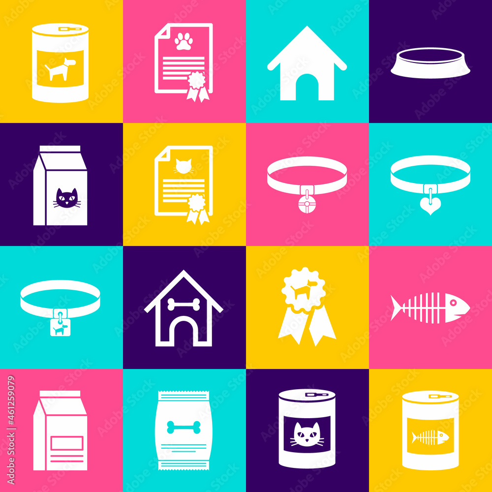 Set Canned food for cat, Fish skeleton, Collar and heart, Dog house, Certificate dog and Bag of icon. Vector Set Canned food for cat, Fish skeleton, Collar and heart, Dog house, Certificate dog and Bag of icon. Vector