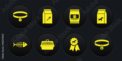 Set Fish skeleton, Bag of food for dog, Pet carry case, Dog award symbol, pet and cat icon. Vector