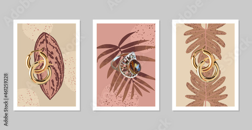 Hand drawn posters with jewelry, leaves and abstract shapes. Modern vector illustrations in collage style.