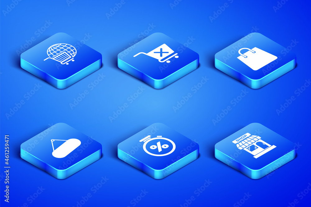 Set Market store, Shopping cart with globe, Stopwatch and percent, Signboard hanging, Remove shopping and Handbag icon. Vector Set Market store, Shopping cart with globe, Stopwatch and percent, Signboard hanging, Remove shopping and Handbag icon. Vector