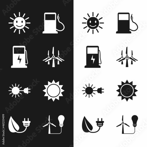 Set Wind turbines, Electric car charging station, Cute sun with smile, Petrol or Gas, Sun electric plug, Light bulb wind and saving leaf icon. Vector