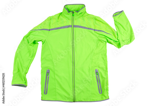 Sports jacket isolated, green jacket for running or cycling on a white background - reflectors on the jacket photo