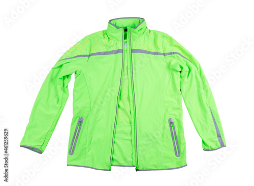 Sports jacket isolated, green jacket for running or cycling on a white background - reflectors on the jacket photo