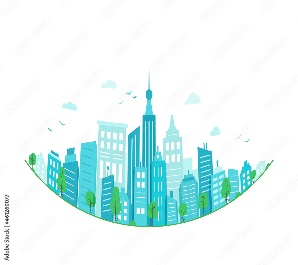 Fototapeta premium Concept of green city. Round Panorama of city buildings. ecological green Urban landscape