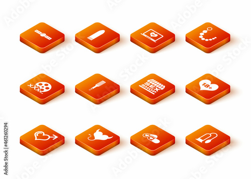 Set Male gender and heart, Devil with horns, Film reel Sex, Spanking paddle, Pills for potency, shop building, Penis pump and 18 plus content icon. Vector