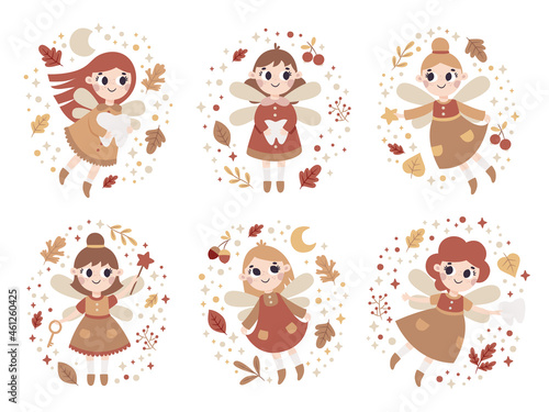 Cute vector autumn clipart, magical fairy-tale set with tooth fairy, fabulous fairies characters, autumn leaves, berries, branches, plants, bubble, wings, stars
