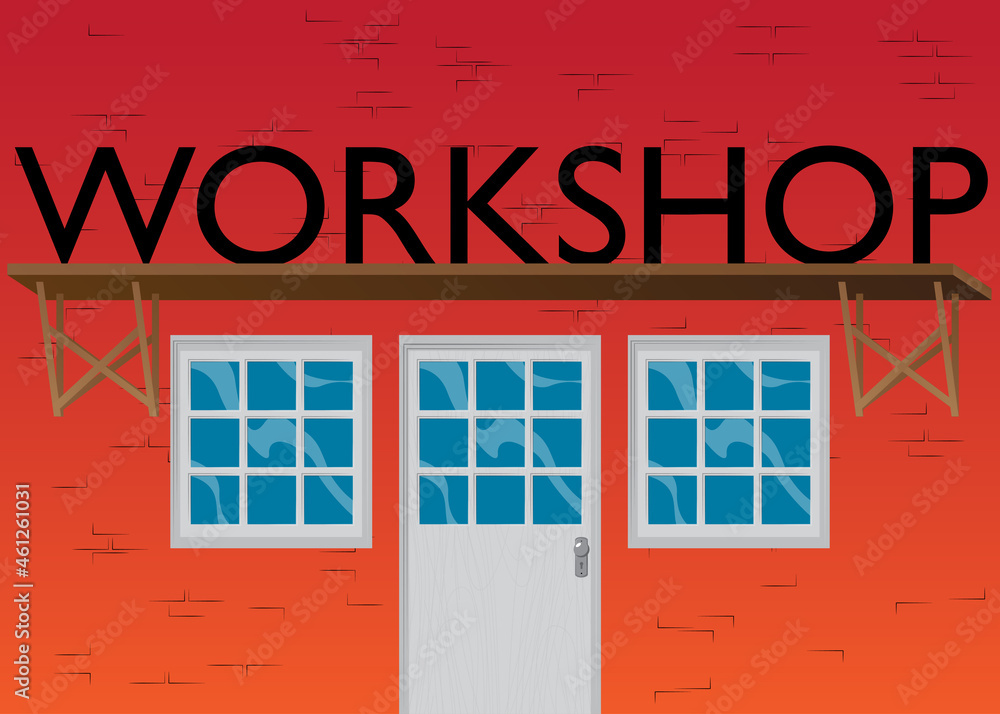 Workshop text with front door background. Bar, Cafe or drink establishment front with poster. Workshop text with front door background. Bar, Cafe or drink establishment front with poster.