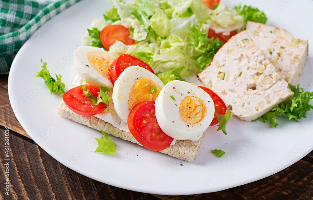 Plate with a keto diet food. Sandwich with boiled egg and tomatoes. Meatloaf and salad. Keto, paleo breakfast.