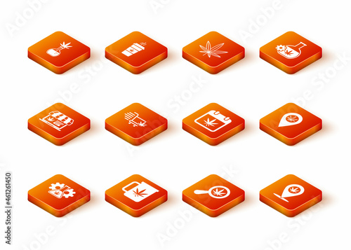 Set Test tube with marijuana, Cup tea, Online buying, Shopping cart, Magnifying glass and, Calendar, Location and icon. Vector