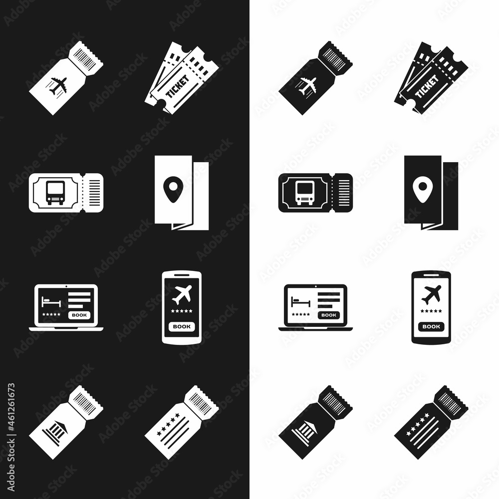 Set Cover book travel guide, Bus ticket, Airline, Ticket, Online hotel booking, Mobile with, and Museum icon. Vector Set Cover book travel guide, Bus ticket, Airline, Ticket, Online hotel booking, Mobile with, and Museum icon. Vector