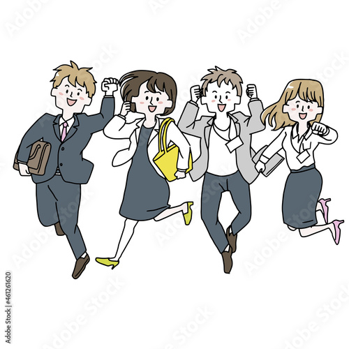 ジャンプする会社員四人