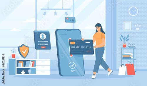 Mobile banking, online internet payment. Mobile application, service for money transactions. Flat cartoon vector illustration with people characters for banner, website design or landing web page  
