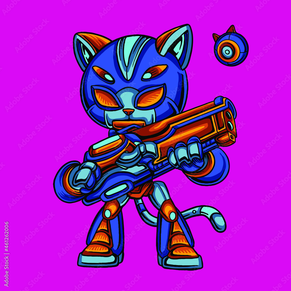 Blue Cat soldier robot cartoon holding gun