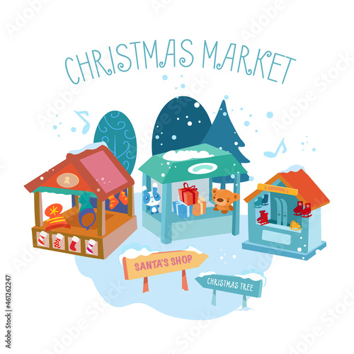 Wooden stalls at Christmas market.    Vector hand drawn cartoon flat style illustration.