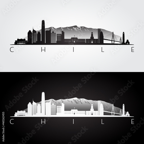 Chile skyline and landmarks silhouette, black and white design, vector illustration.