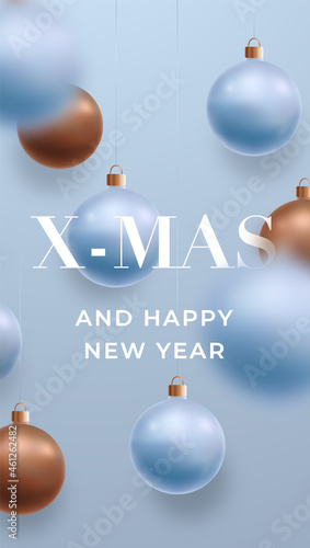 Christmas or New Year storys template. Xmas vertical banner. Festive sierra blue background, hanging 3D christmas balls. Vector template for social media, social network, stories. photo