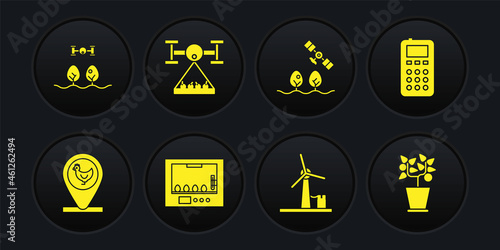 Set Chicken farm and location, Remote control, Incubator for eggs, Wind turbine, Smart with drone, Plant pot and icon. Vector