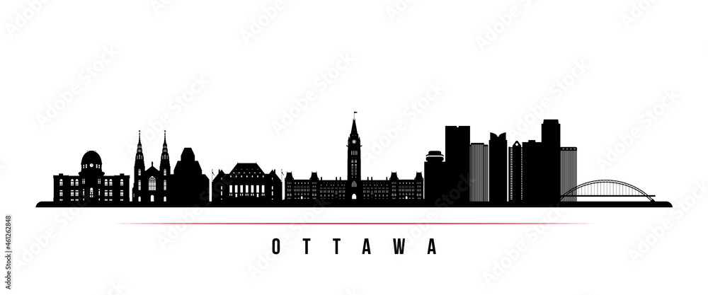 Ottawa skyline horizontal banner. Black and white silhouette of Ottawa, Canada. Vector template for your design.