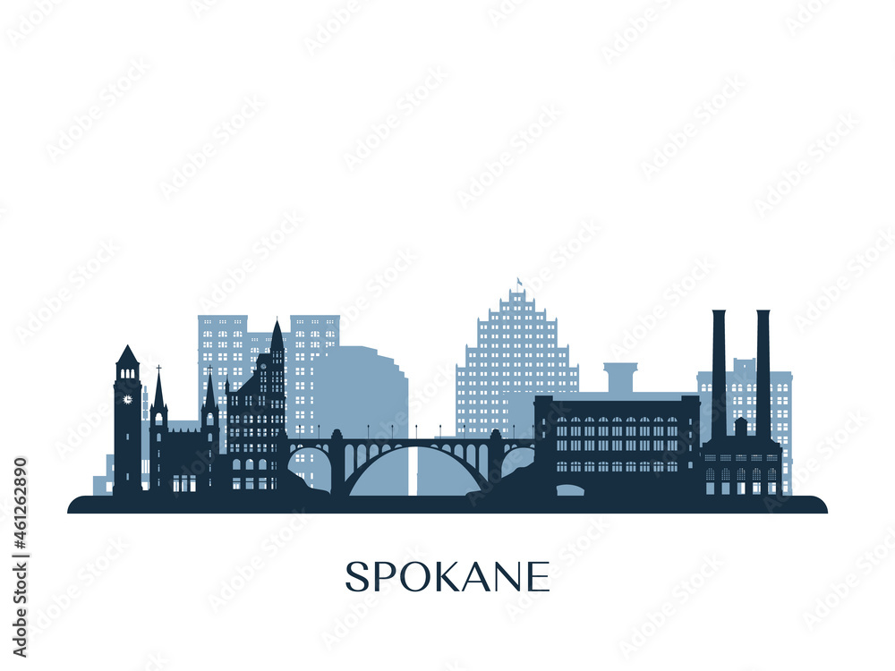 Spokane, WA skyline, monochrome silhouette. Vector illustration.
