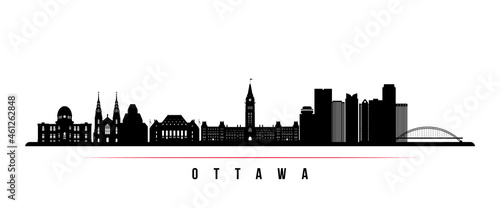 Ottawa skyline horizontal banner. Black and white silhouette of Ottawa, Canada. Vector template for your design.