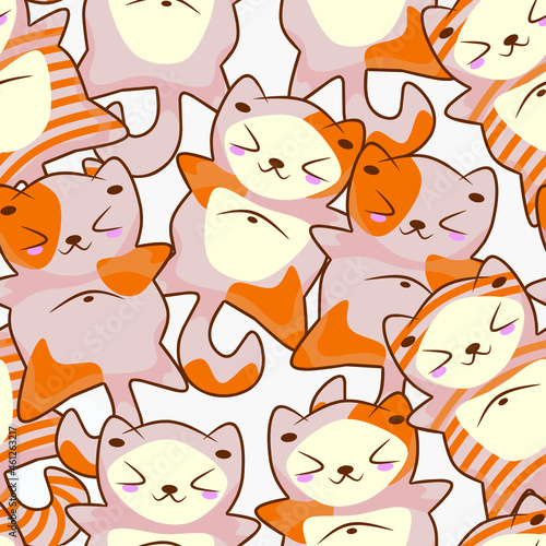 Seamless pattern of cute cats in anime kawaii style isolated on a white background