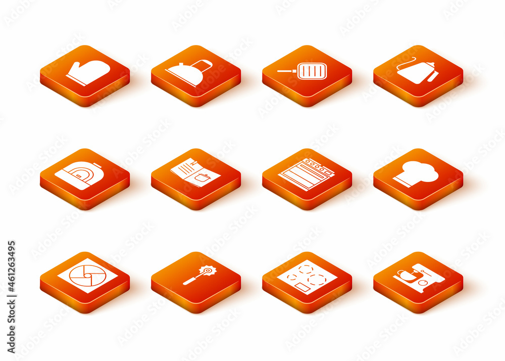 Set Ventilation, Pizza knife, Oven, Cookbook, Electric stove, mixer and Chef hat icon. Vector Set Ventilation, Pizza knife, Oven, Cookbook, Electric stove, mixer and Chef hat icon. Vector