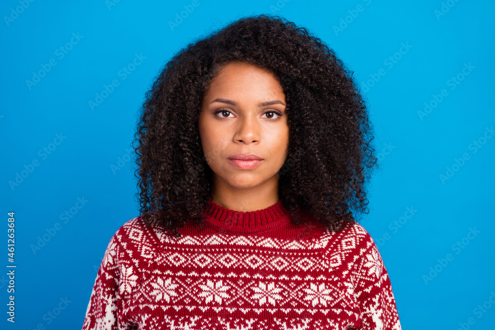 Photo of cute confident woman dressed print sweater isolated blue color background Photo of cute confident woman dressed print sweater isolated blue color background
