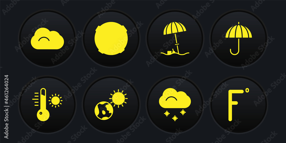 Set Meteorology thermometer, Umbrella, Earth globe and sun, Cloud with snow, Sun protective umbrella for beach, Moon, Fahrenheit and icon. Vector Set Meteorology thermometer, Umbrella, Earth globe and sun, Cloud with snow, Sun protective umbrella for beach, Moon, Fahrenheit and icon. Vector